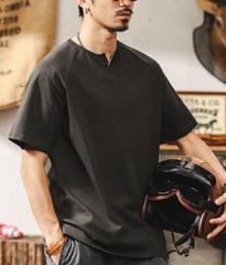 American retro T-shirt men short-sleeved summer Henry collar Navy blue