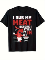 Men’s Cotton Graphic T-Shirt with Funny BBQ Slogan & Cartoon Design – Black Crew