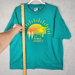 Vintage Hawaiian Tan Shirt Mens XL Teal Sun Palm Graphic Beach Promo 80s Relax