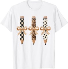 Preppy Leopard Pencil Bow Coquette Teacher Back to School T-Shirt