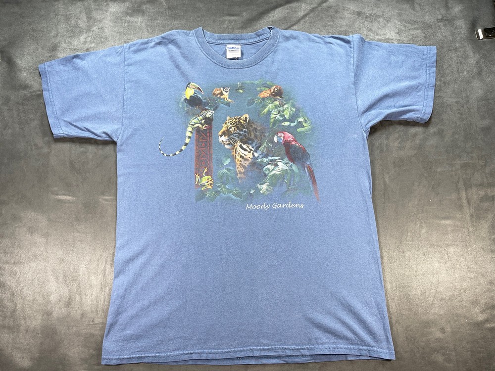 Blue Vintage MOODY GARDENS Galveston TEXAS Gulf Beach Animals Large Shirt