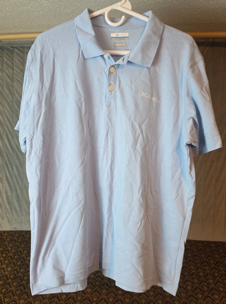 Columbia Men’s Size Large Baby Blue Short Sleeve Polo Shirt – White Stitched