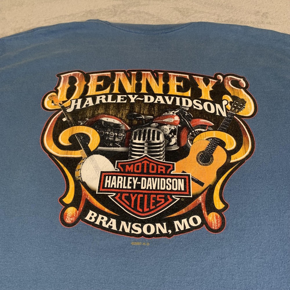 Harley Davidson Shirt Mens XL Blue Denney’s Branson Missouri Pocket Graphic FLAW