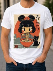 Kawaii Ramen Girl Cat Japanese Anime Graphic T-Shirt Cute Unisex White Tee