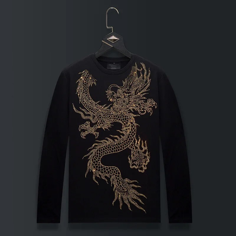 Fashion Dragon Trend Rhinestone Long Sleeve Luxury Men T-Shirt Plus Size 6XL