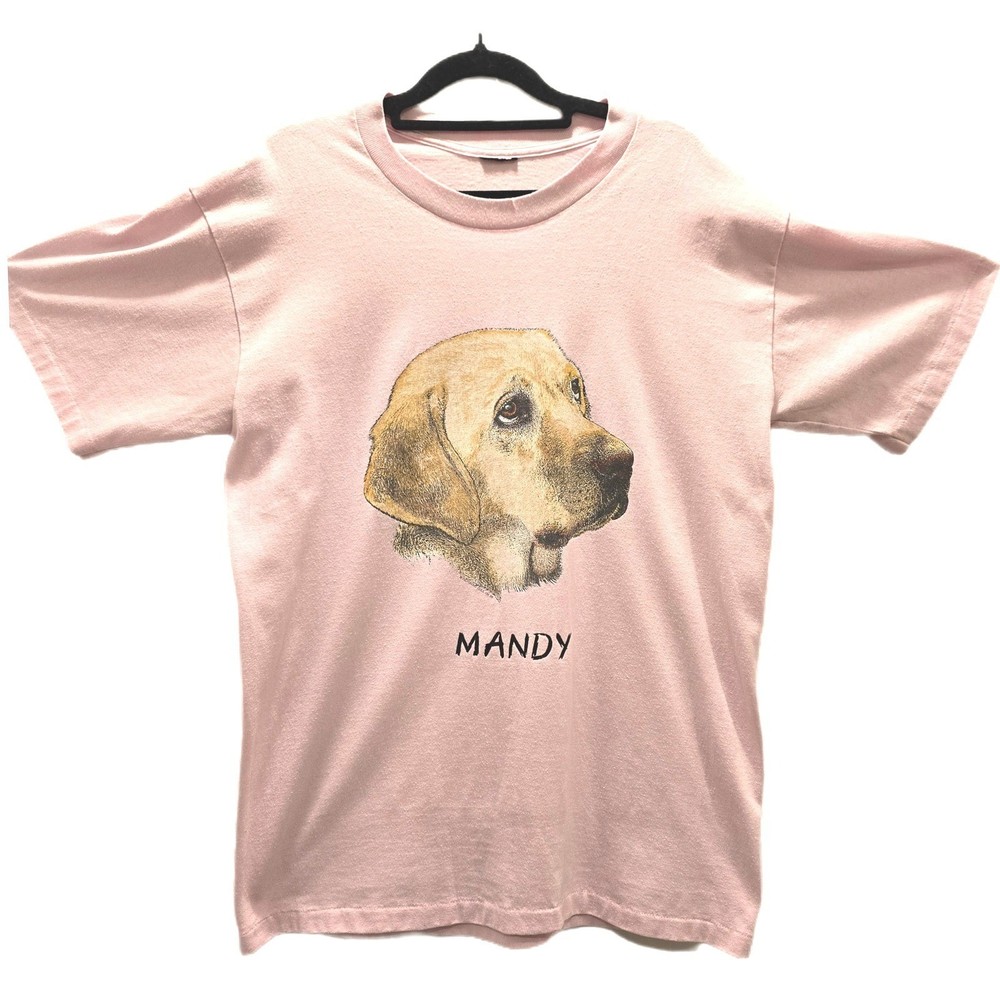 90s VTG Single Stitch Pink Custom Dog Portrait T-Shirt “Mandy” Size M/L 21×28.5