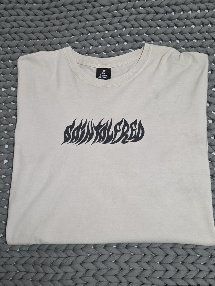 Saint Alfred Tattoo Spell Out Logo Long Sleeve Beige Pullover Shirt SZ XL
