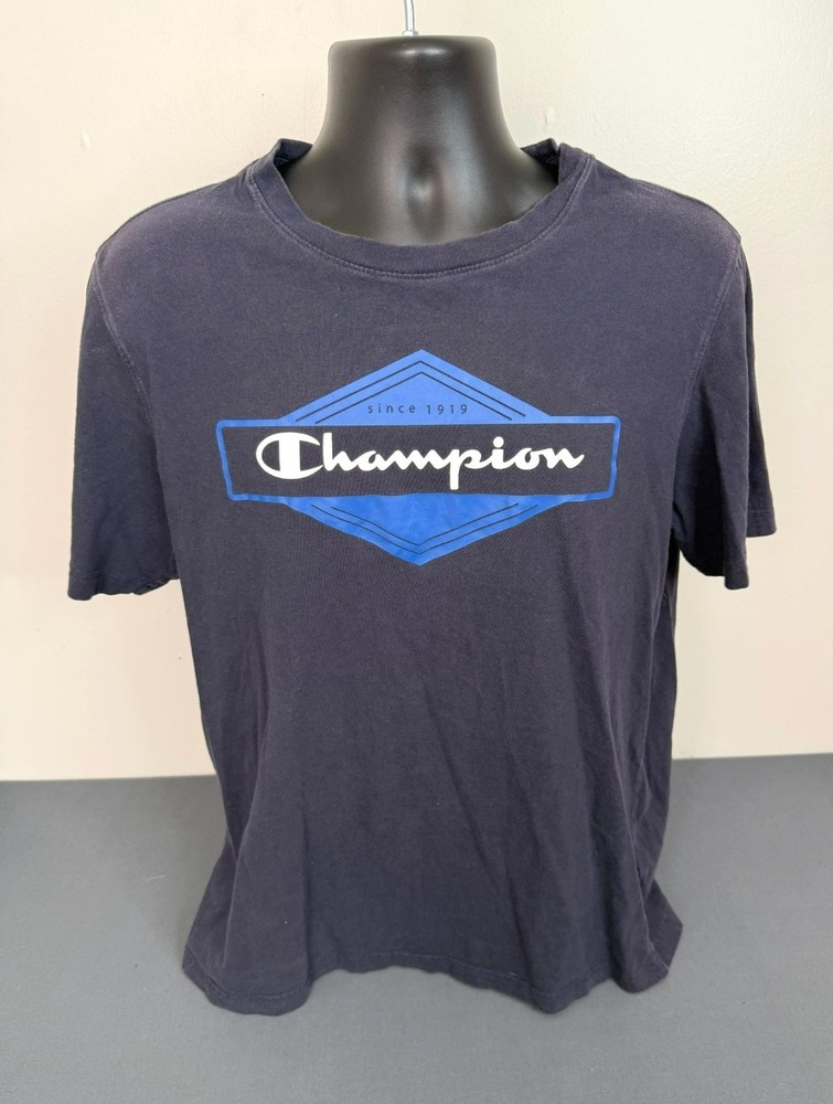 Champion Men’s Size Large Logo Print Crew Neck Short Sleeve Cotton T-Shirt Navy