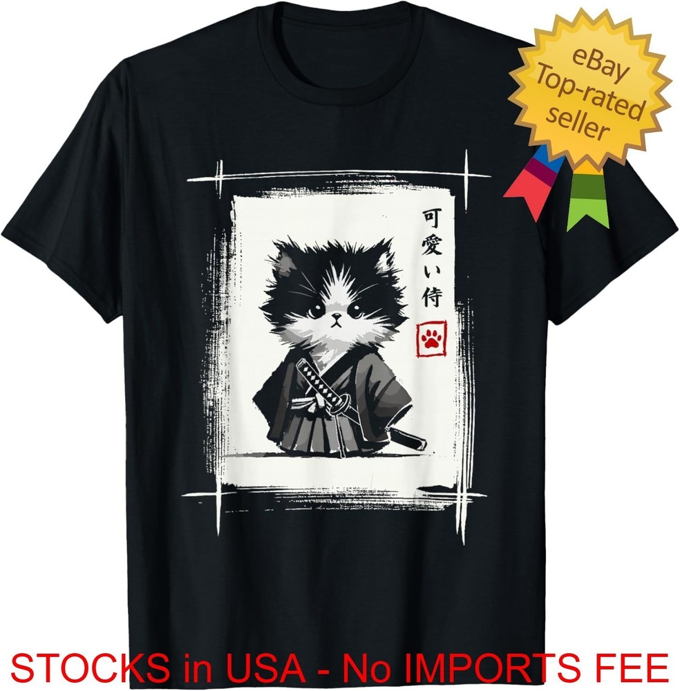 Samurai Cat Japanese Art Sumi-e Novelty Kawaii Funny Cat T-Shirt Cotton S-4XL