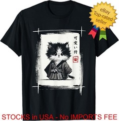 Samurai Cat Japanese Art Sumi-e Novelty Kawaii Funny Cat T-Shirt Cotton S-4XL