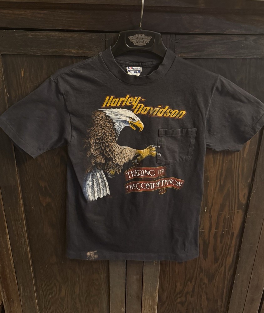 VINTAGE HARLEY DAVIDSON FADED BLACK TEARING UP THE COMPETITION T SHIRT 1980s