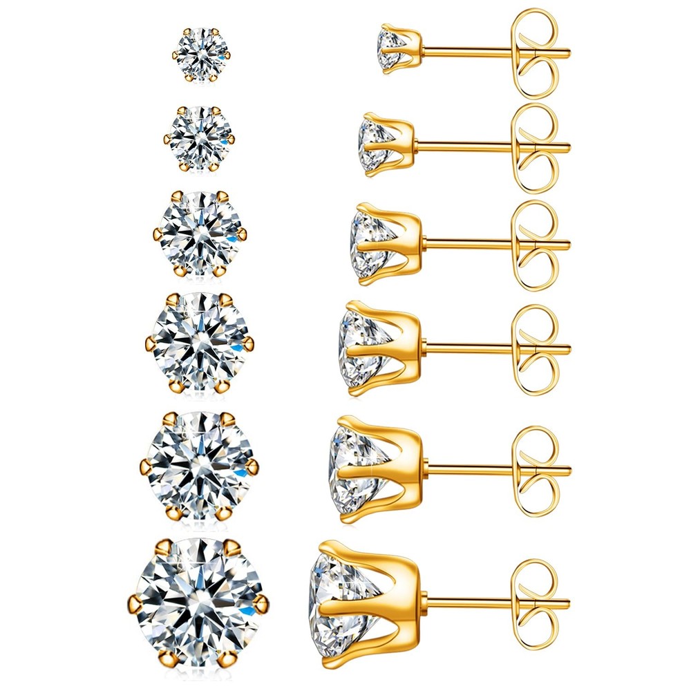 6 Pairs Hypoallergenic Stainless Steel Stud Earrings Cubic Zirconia Earrings …