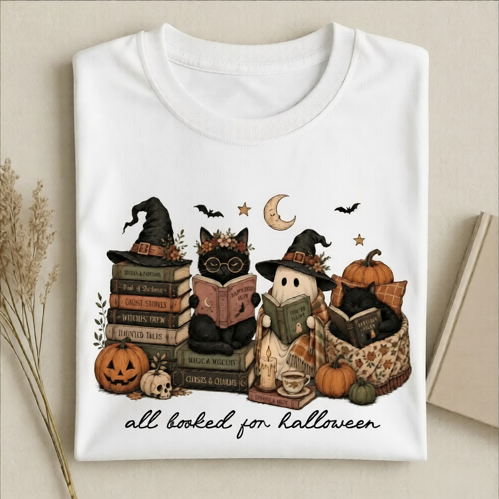 Funny Pumpkin Owl Book All Booked For Halloween October Haunted Gift Tee