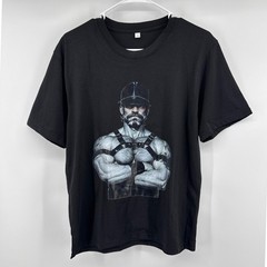 Fashion Mens Black Graphic T-Shirt Leather Harness Muscle Man Print Size S
