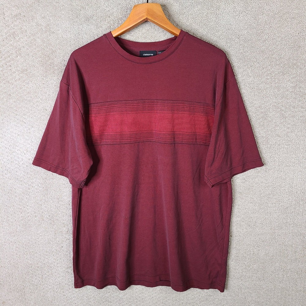 Claiborne Shirt Mens XL Burgundy Striped Crew Neck Modal Blend Short Sleeve