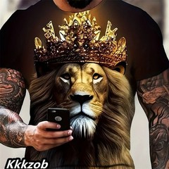 Mens Lion Print Short Sleeve Crew Neck T-Shirt Soft Breathable Casual Wear.
