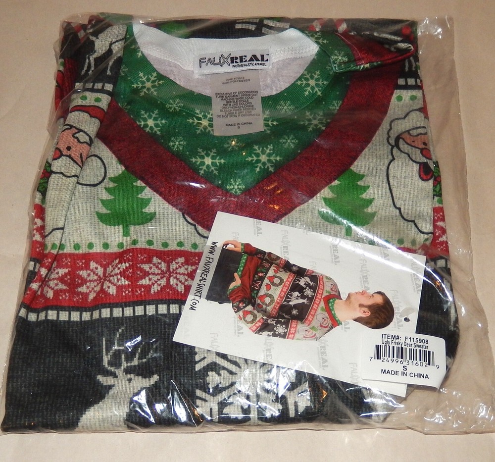 Faux Real Men 3D Photo-Realistic Ugly Christmas Sweater T-Shirt, S, Frisky Deer