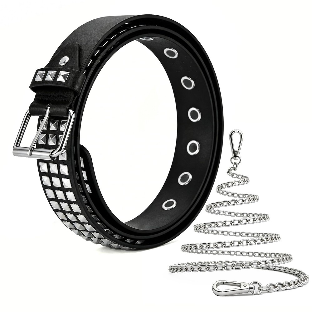 Mens Studded Belts with Pant Chain Pyramid Rivets Studs Y2K Leather Waist Bel…