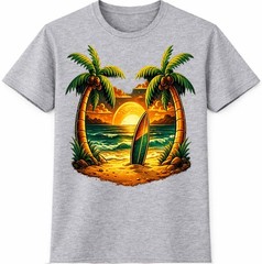 Tropical Beach T-Shirt Sunset Surfboard Graphic Palm Trees Ocean Summer tee