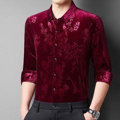 Men Velevt Blouse Shirts Tops Floral Printed Plush Casual Formal Cardigan M-3XL