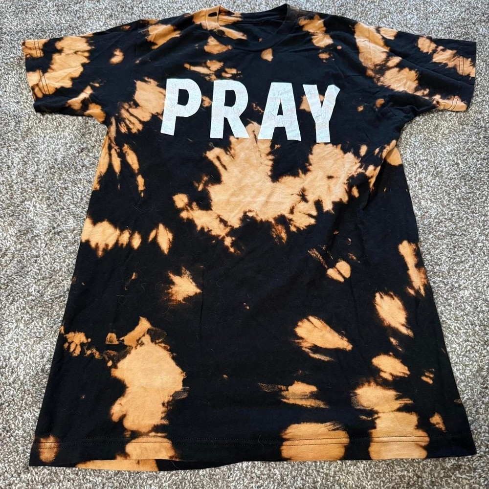 Oversized ‘PRAY’ Tie-Dye Grunge T-Shirt, Black & Orange Bleach Wash
