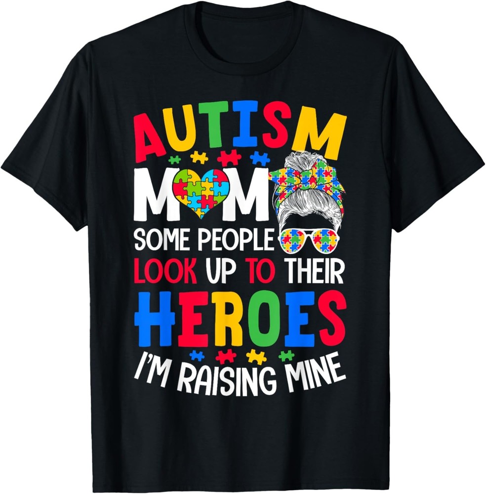 Autism Mom Raising Hero Groovy Messy Bun Autism Awareness T-Shirt