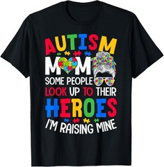 Autism Mom Raising Hero Groovy Messy Bun Autism Awareness T-Shirt