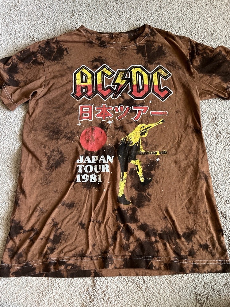 AC/DC Japan Tour 1981 Brown Tie Dye T-Shirt Mens Size Medium