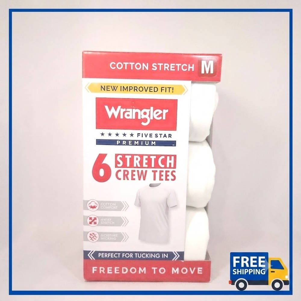Wrangler Men Cotton Stretch Crew Neck Undershirts White Soft T-Shirts 6-Pack M