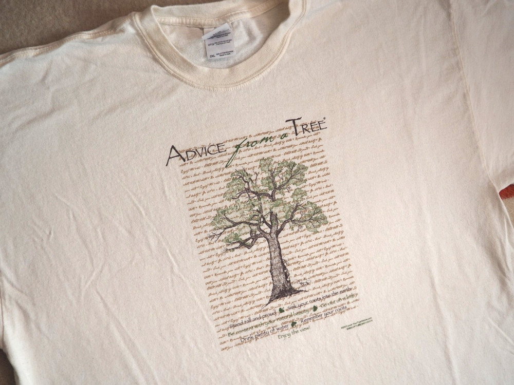 VTG Y2k Gildan Advice Tree Nature Art Outdoor Eco Beige Tee T-Shirt 2XL XXL
