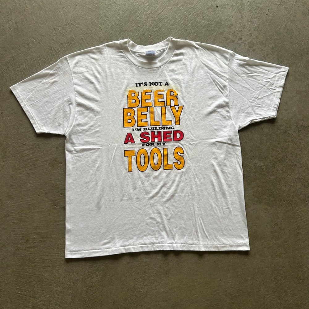 Vintage 90s Beer Belly Shirt Size XXL White Funny Drinking Parody Saying Tools