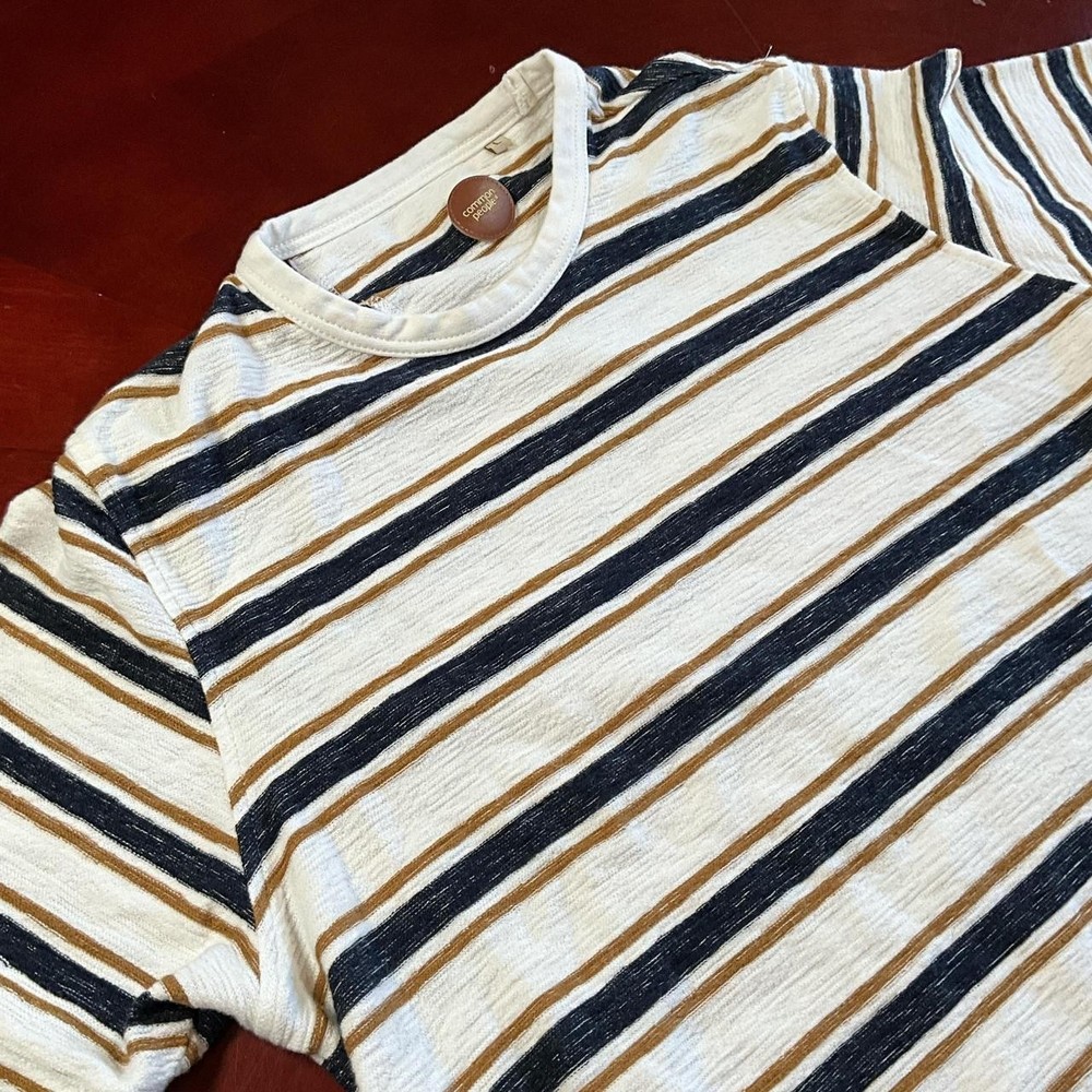 Mens Common People 100% Cotton Retro Minimalist Striped Crewneck Tee (Large)