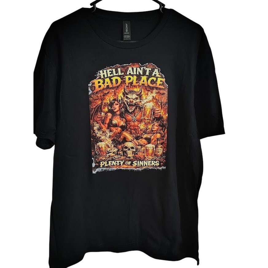 Large Hell Ain’t a Bad Place Funny Devil Graphic T-Shirt Adult Black Tee