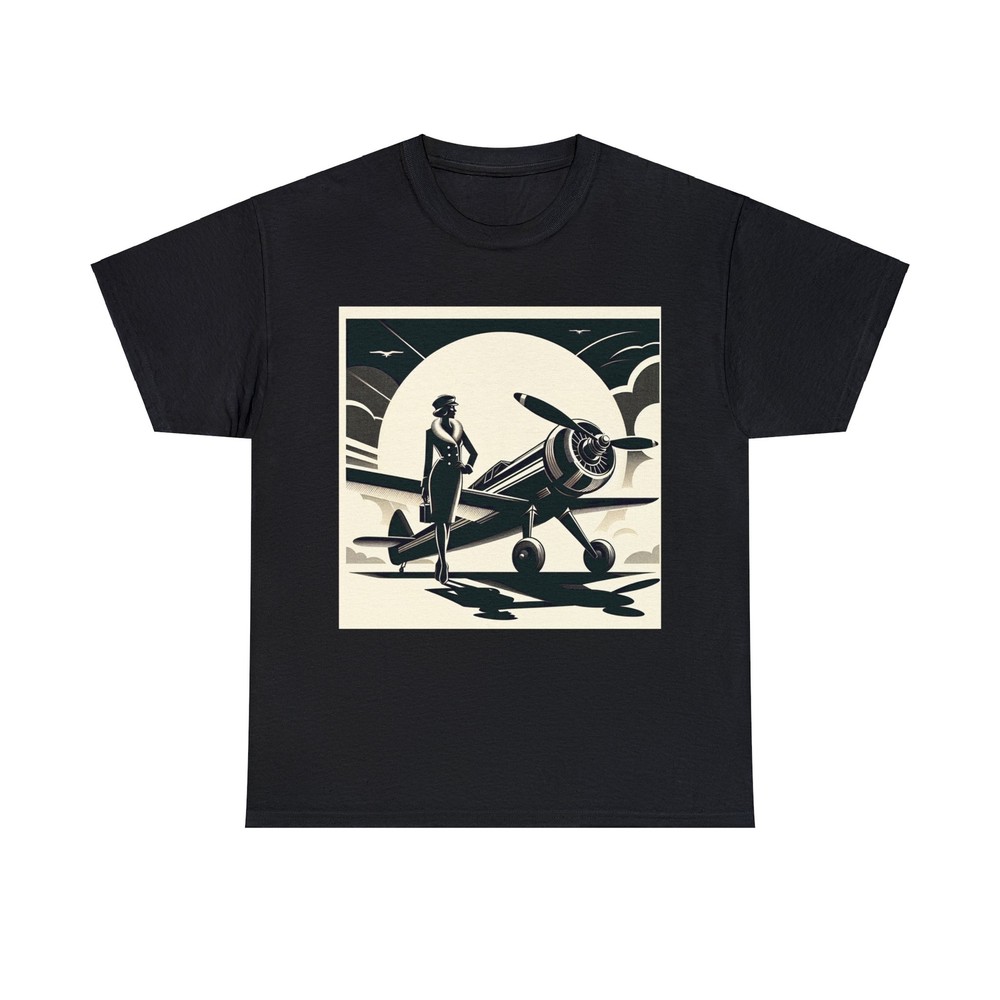 Unisex Adult T Shirt Art Deco Aviator Woman with Vintage Plane Design Classy Tee