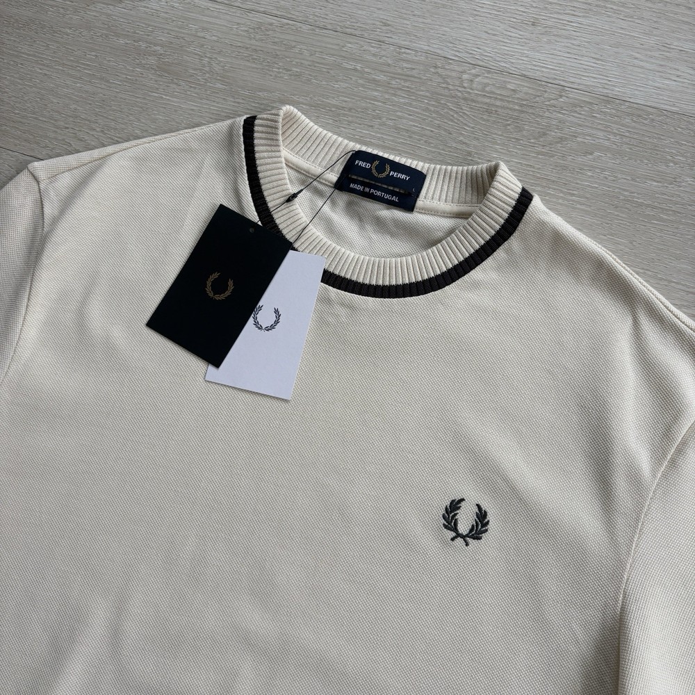 BNWT Fred Perry M7 Crew Neck Pique T-Shirt Ecru Black Mens Size Large Mod 60s