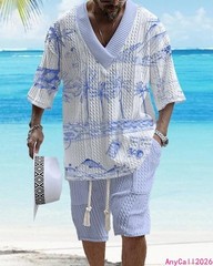 Beach Loose Print V-neck Mens Knitted Short-sleeved Short-shorts Set Casual 2pcs