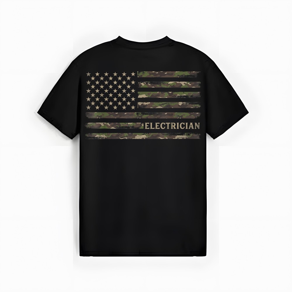 Camo Electrician Camourflage USA Flag Fathers Day T-Shirt