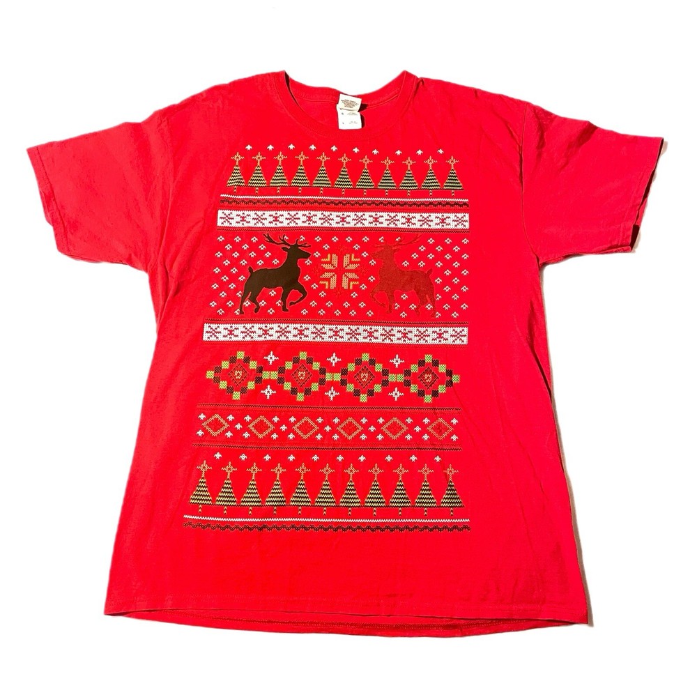 Christmas Pattern Shirt (L) Reindeer, Snowflakes, Trees