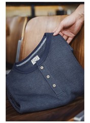 Maden Mens Amekaji Pure Color Long Sleeve Shirt Vintage Waffle Henley Tee-Shirts