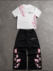 🌸 Cherry Blossom Flower 2PC Set Tee & Wide Leg Pants Streetwear Outfit