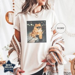 Funny Pomeranian Drinking Iced Coffee Shirt, Animal Meme Tee T-Shirt