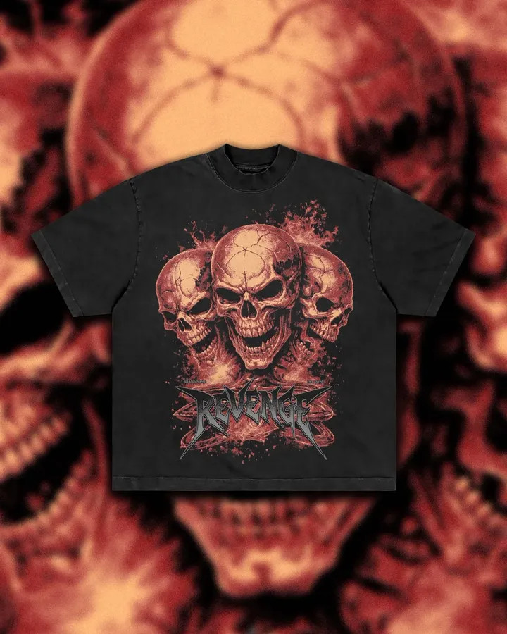 Revenge Three Skull Graphic T Shirt Gothic Horror Streetwear Tee Unisex