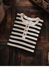 American Tough Guy Style Henry Collar Striped Washed Cotton Short Sleeved Shirt