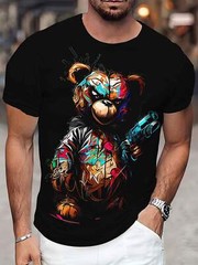 Men’s Casual Short Sleeved T-shirt, Unique Bear Print – Soft Polyester Fiber, Ma