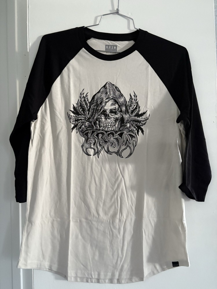 KR3W Grim Reaper Raglan T-Shirt Men’s Medium Black White 3/4 Sleeve Skate Punk