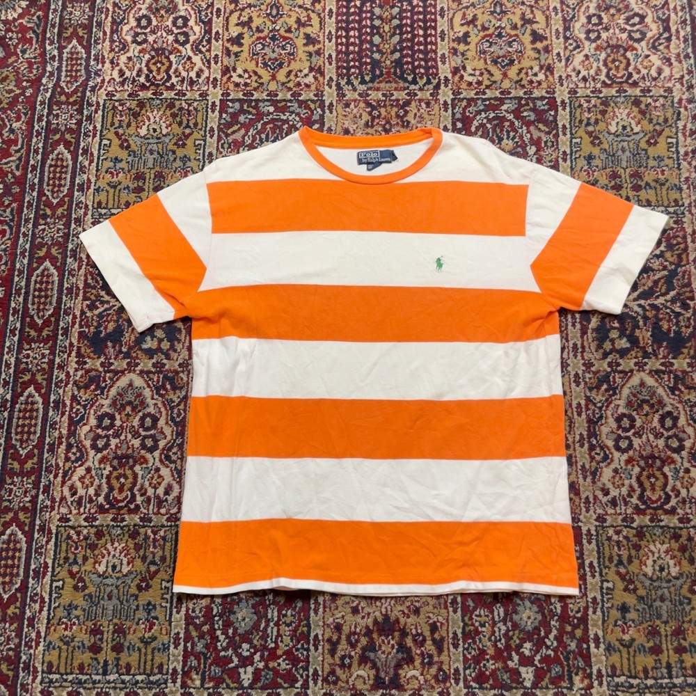 VTG Rare 90s Polo Ralph Lauren Orange White Striped Pique Cotton T-Shirt L Pony