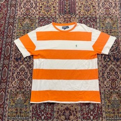 VTG Rare 90s Polo Ralph Lauren Orange White Striped Pique Cotton T-Shirt L Pony