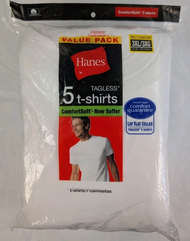 Hanes Tagless 5 T-shirts Lay Flat Collar White New In Pkg Comfort Soft Sz 3XL