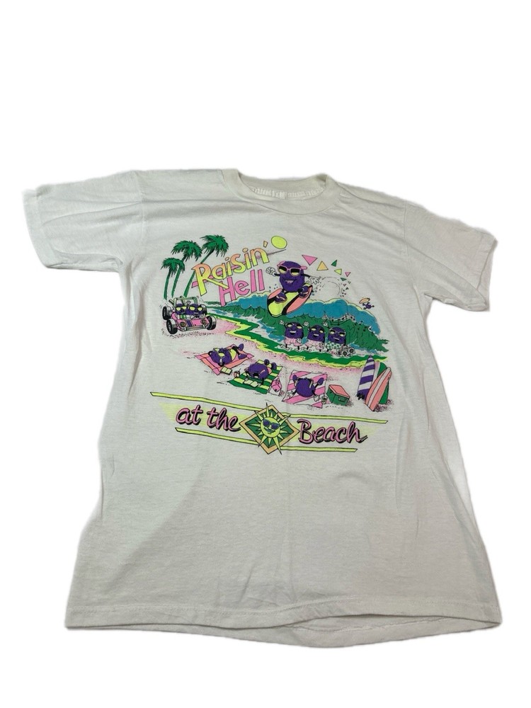 Vtg California Raisin Hell At The Beach Mens L Surf Waves Ocean Tan T Shirt