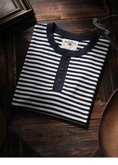 American Tough Guy Style Henry Collar Striped Washed Cotton Short Sleeved Shirt